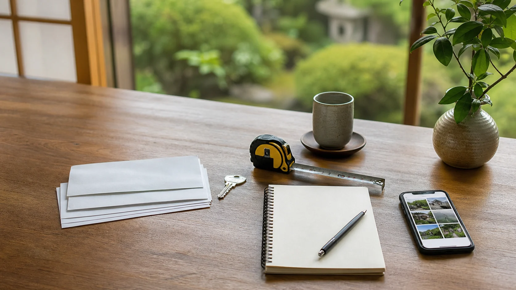 空き家の維持費と管理作業を整理する机上の道具