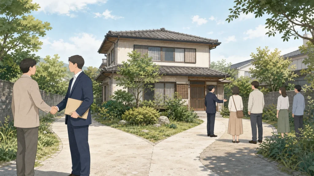 相続した空き家を不動産会社の買取と仲介のどちらで売るか比較する場面のイラスト