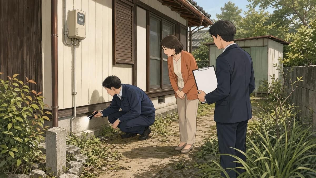 空き家売却前に外壁や基礎と敷地境界を確認する所有者と不動産担当者のイラスト
