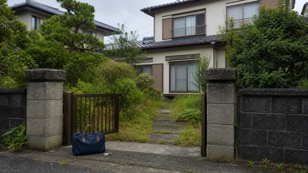 遠方から管理する空き家をイメージした日本家屋と門前の旅行かばん、鍵
