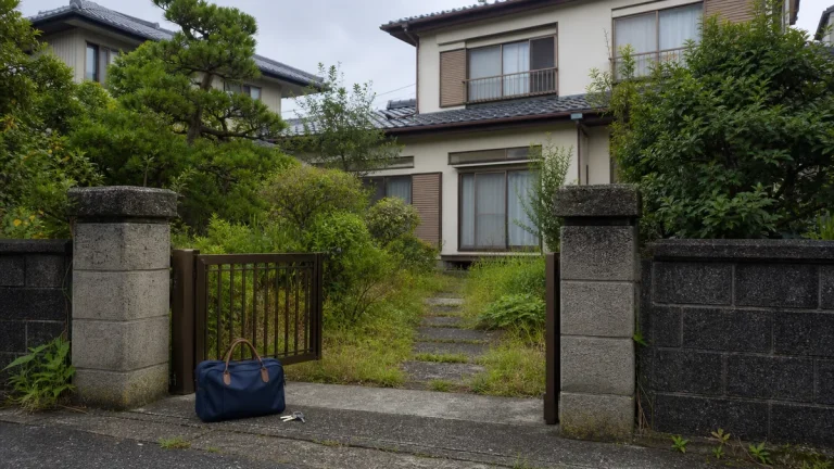 遠方から管理する空き家をイメージした日本家屋と門前の旅行かばん、鍵