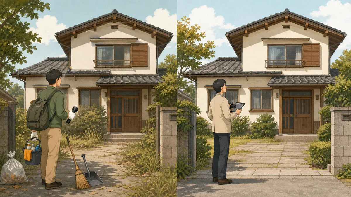 遠方の空き家を家族が自主管理する場合と管理業者へ委託する場合の比較イラスト