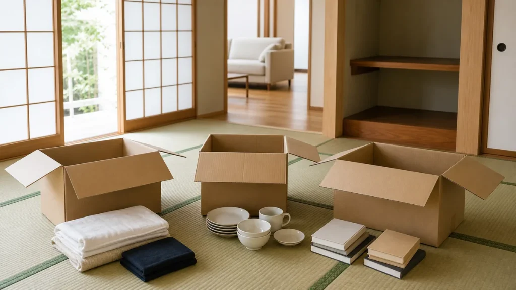 実家売却前の片付けをイメージした畳の部屋と仕分け用の箱