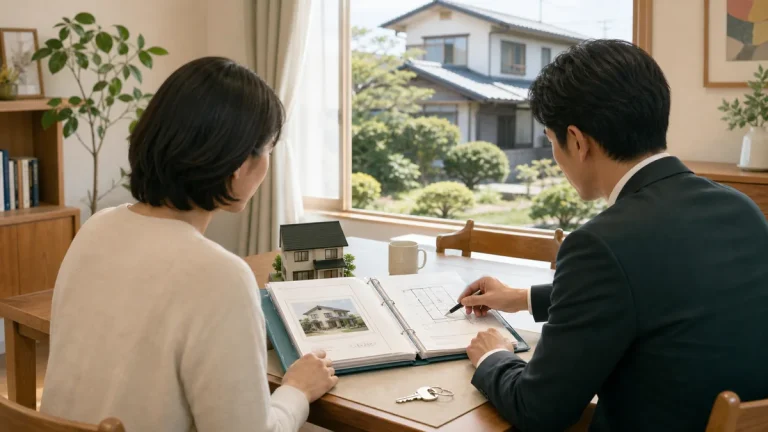 相続した実家の売却査定前に所有者と不動産担当者が図面と鍵を確認する場面