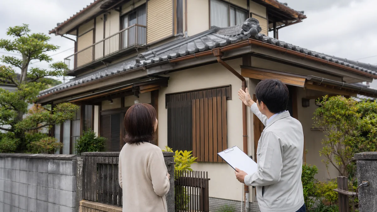 相続した実家の外壁や屋根を所有者と不動産担当者が査定前に確認する様子