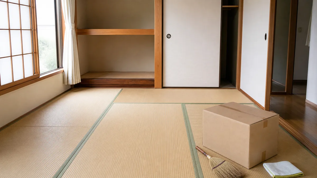片付け後の畳の部屋に残る箱とほうき