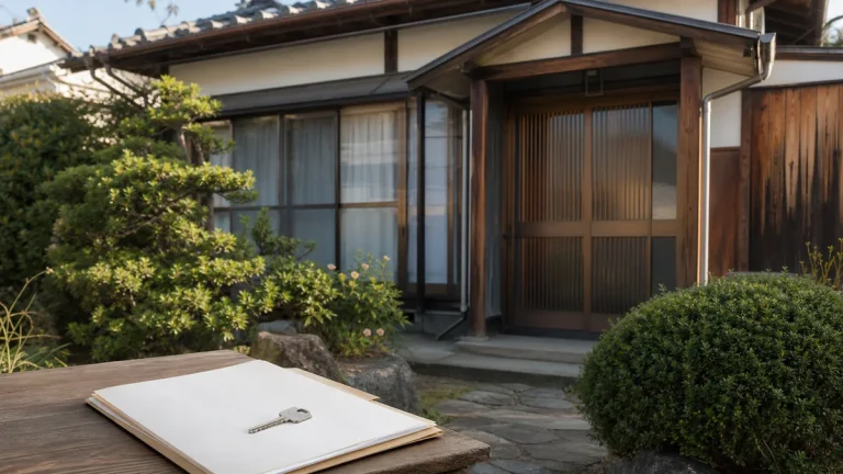 相続した実家の名義確認をイメージした日本家屋と書類、鍵