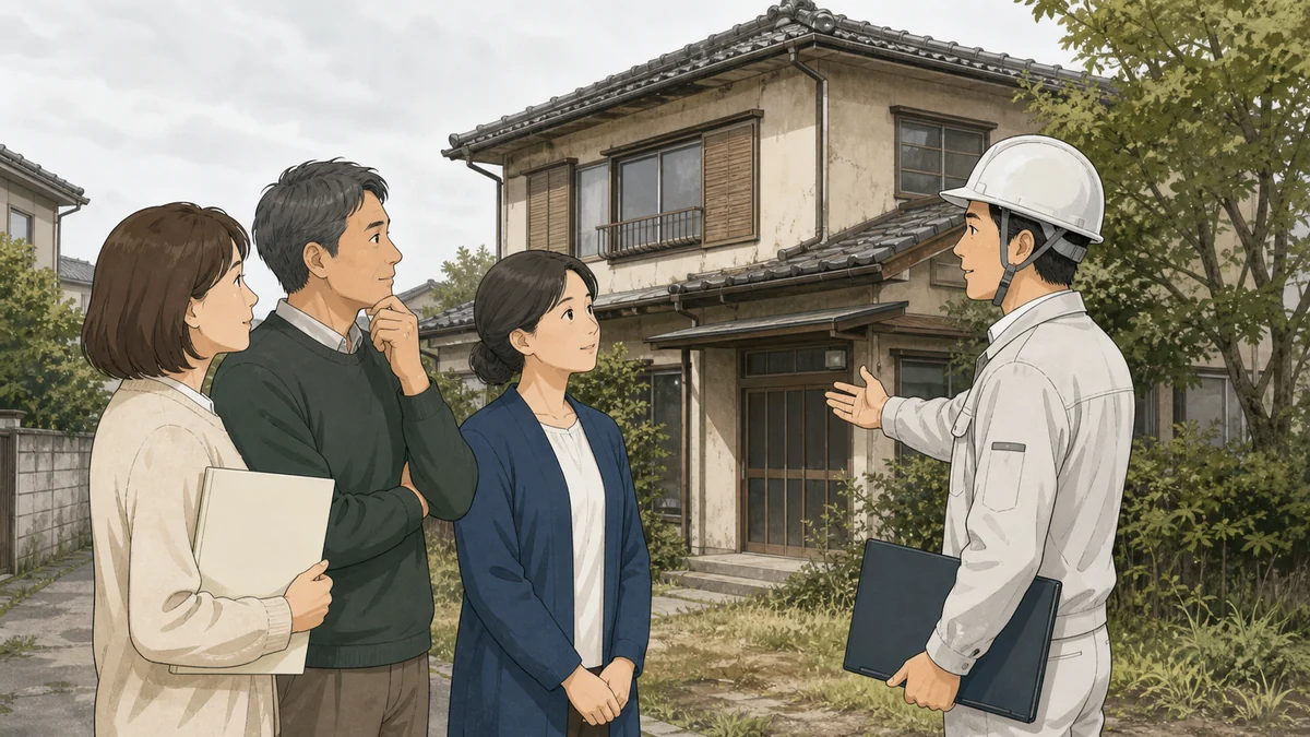 空き家の共有者と解体業者が契約前に工事範囲を確認するイラスト