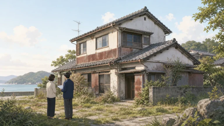 唐津市内の老朽空き家を前に所有者と市の相談担当者が事前確認するイラスト