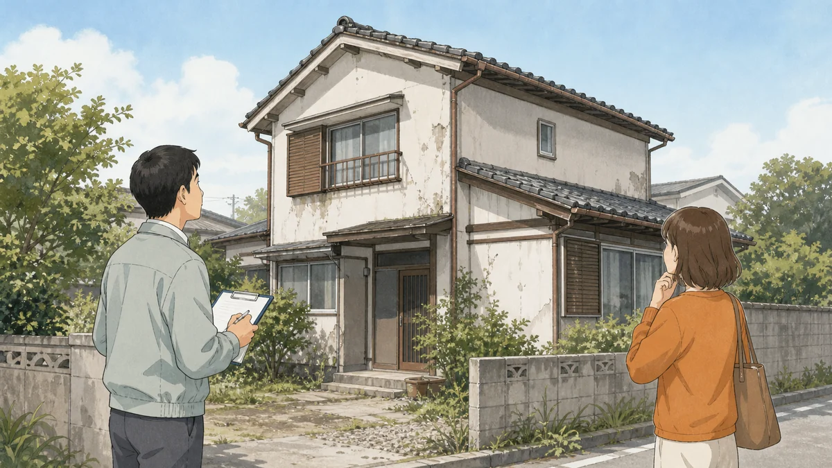 唐津市の空き家解体補助金を申請する前に所有者と市職員が建物の状態を確認するイラスト
