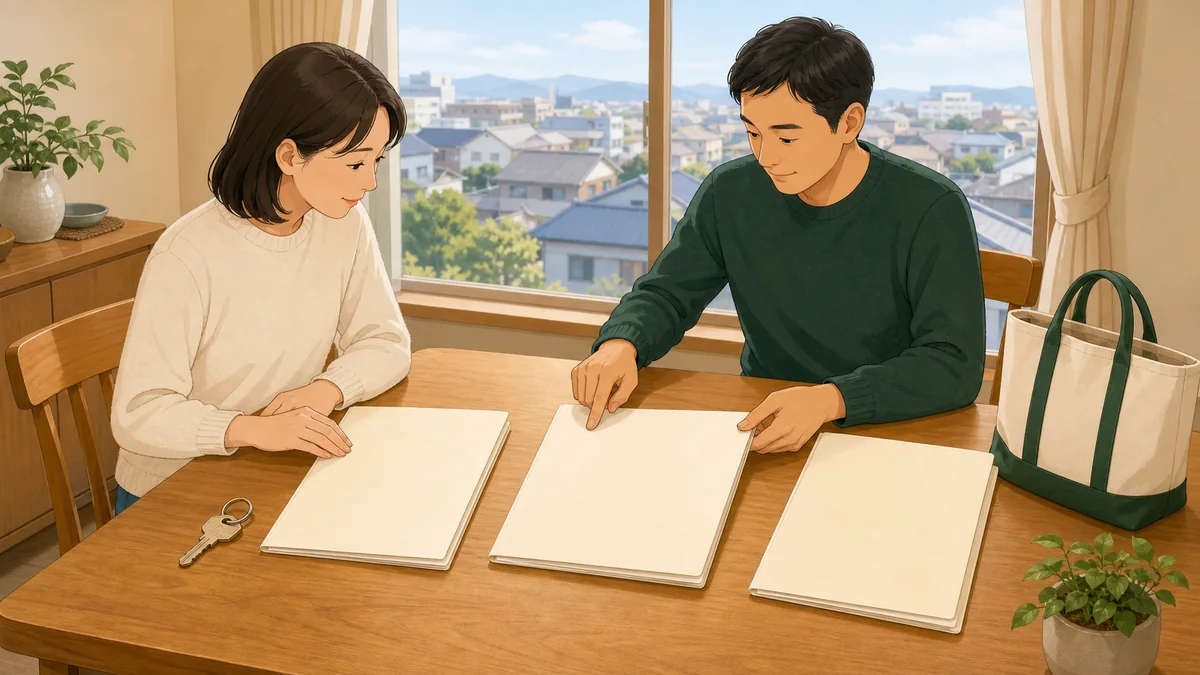 相続空き家の売却資料と確認書と奨励金申請書を家族で順に整理するイラスト
