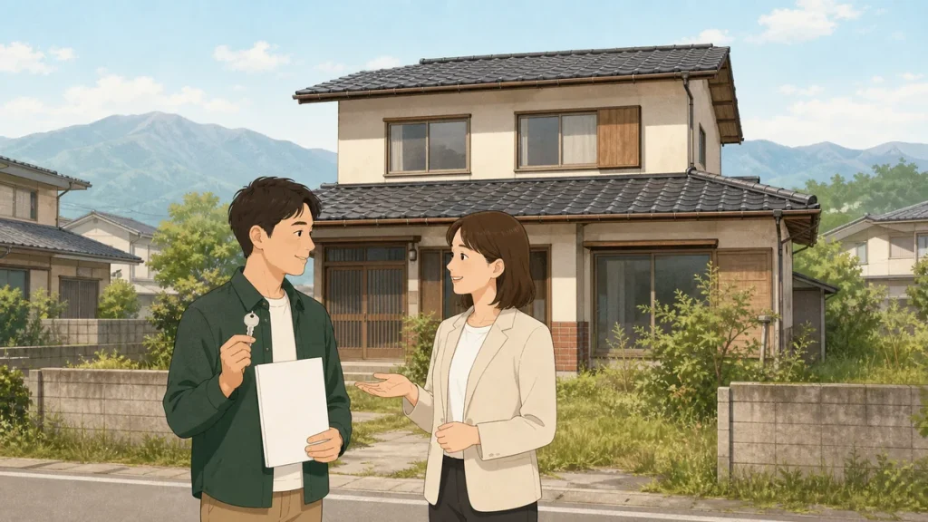 富山市の相続空き家を売却した所有者が市の相談担当者と奨励金を確認するイラスト
