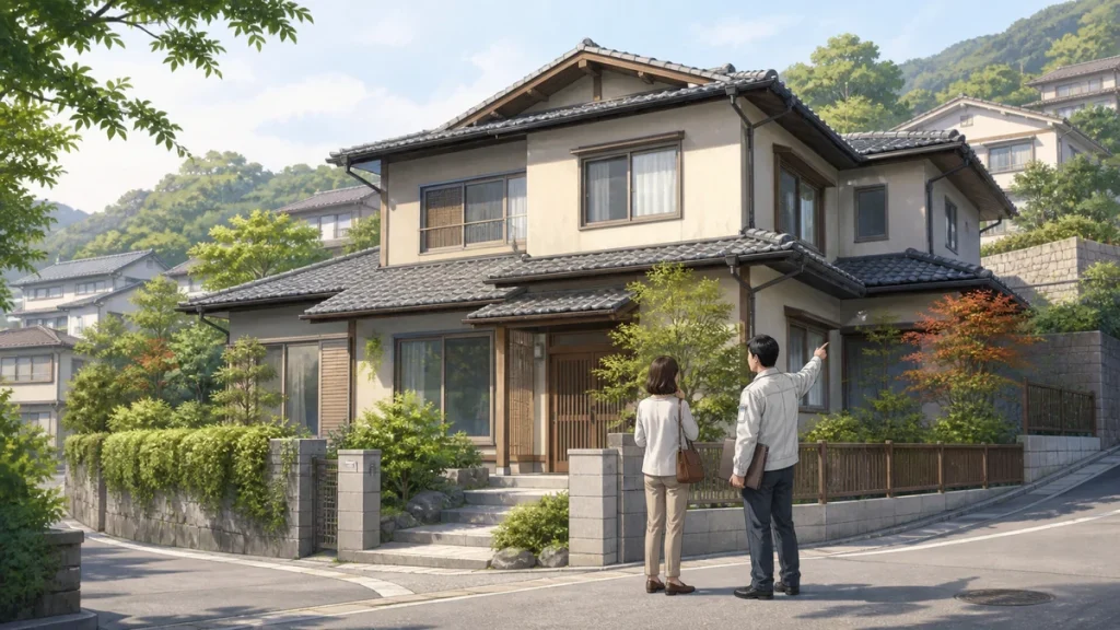 芦屋市の坂のある住宅地で古い実家を前に所有者と改修担当者が工事前の確認をするイラスト