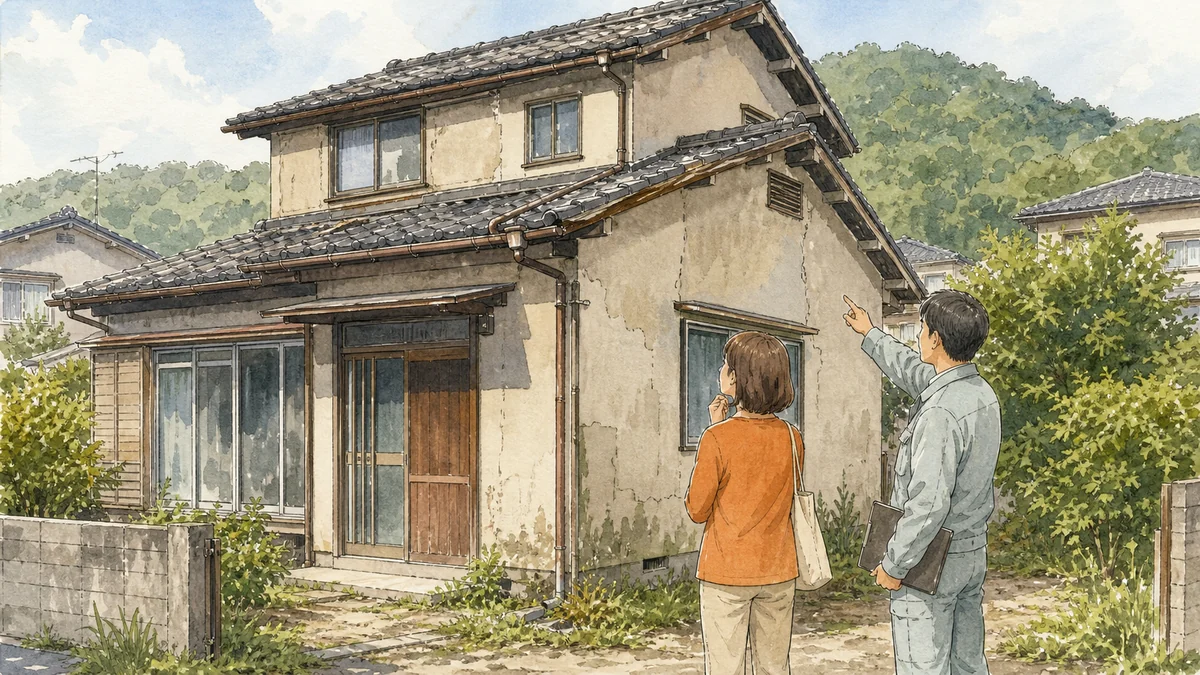 外壁や屋根が傷んだ空き家を所有者と建物の専門家が改修申請前に確認するイラスト