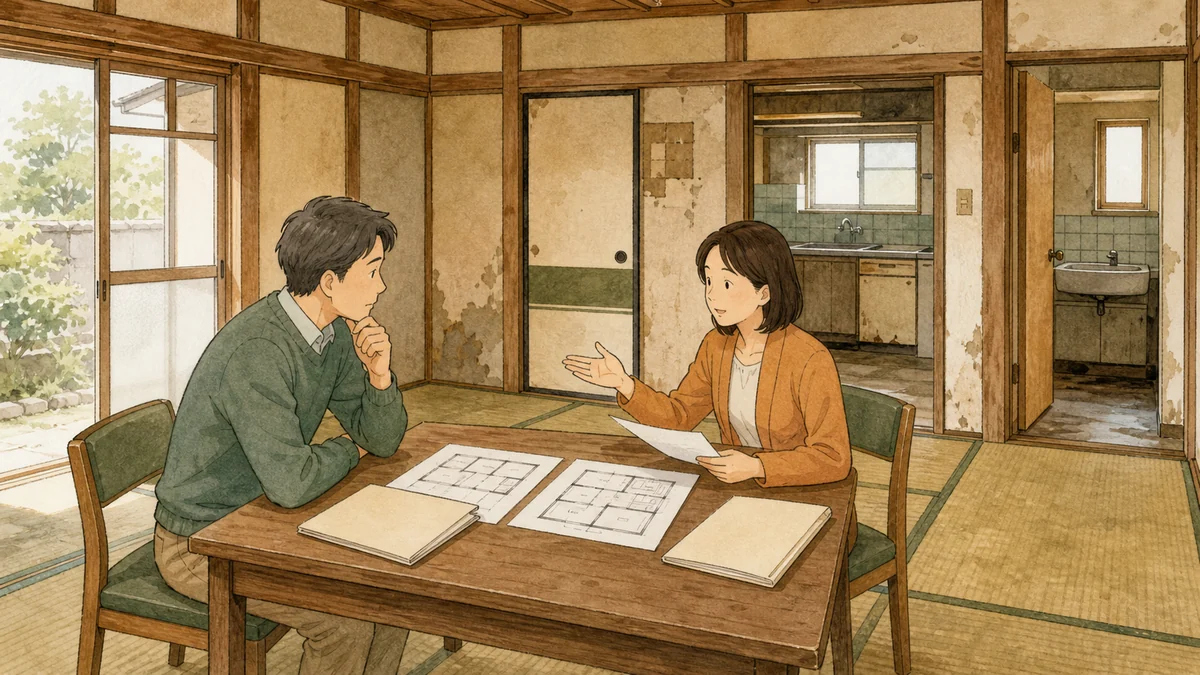 古い実家の室内で所有者と改修担当者が水回りや工事計画を契約前に整理するイラスト