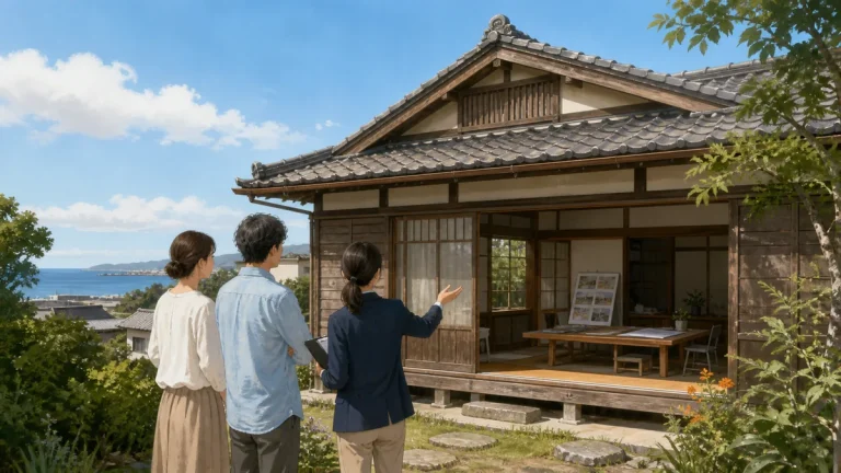 いわき市の空き家を地域の交流施設へ改修する計画を所有者と担当者が確認するイラスト