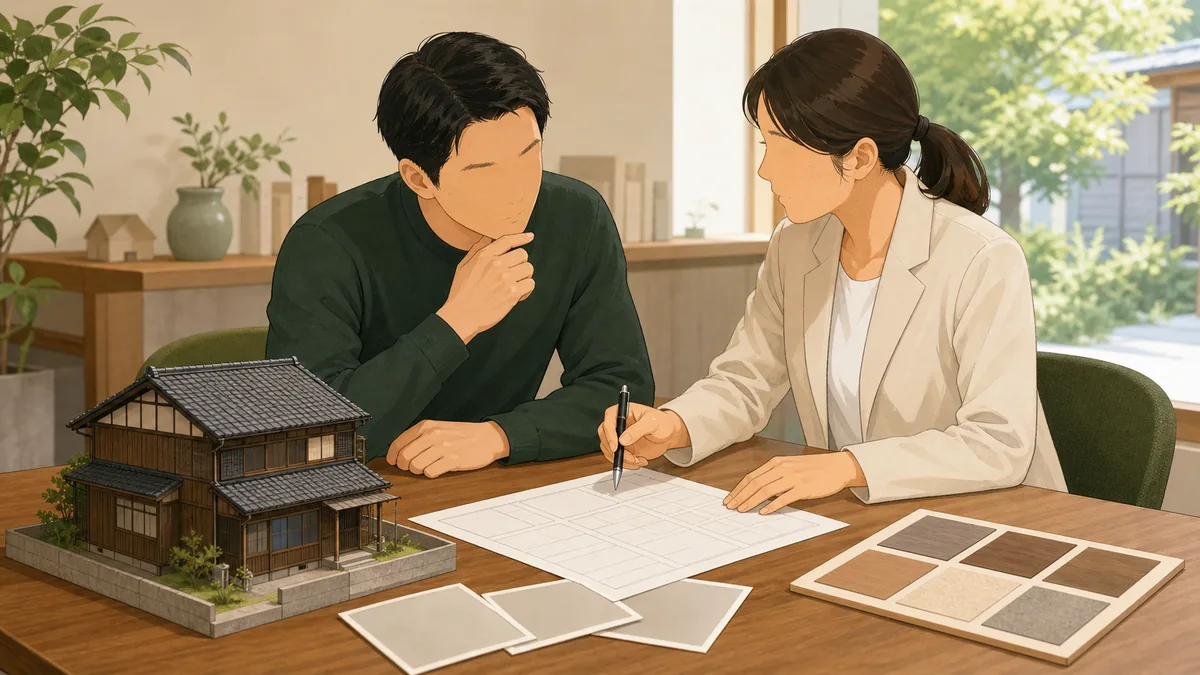 空き家の模型と図面を前に所有者が改修計画を事前相談するイラスト