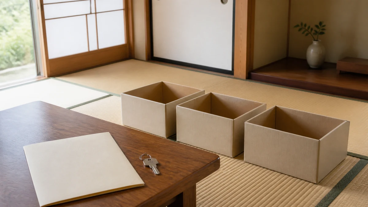 和室に置いた無地の整理箱と鍵、書類入れを使って実家の片付け前に分類する様子