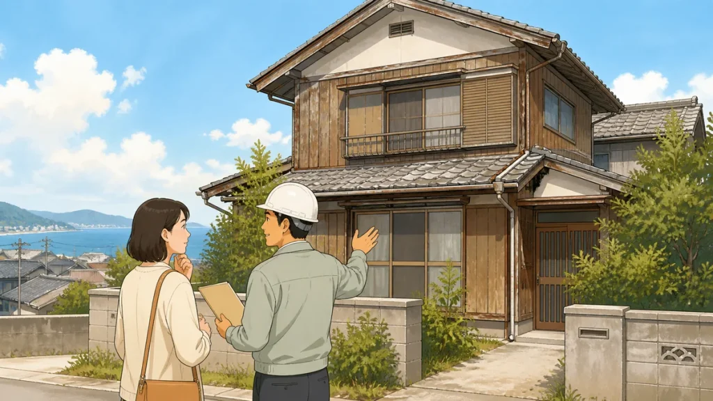 静岡市の古い空き家を前に所有者と解体担当者が工事前の相談をするイラスト
