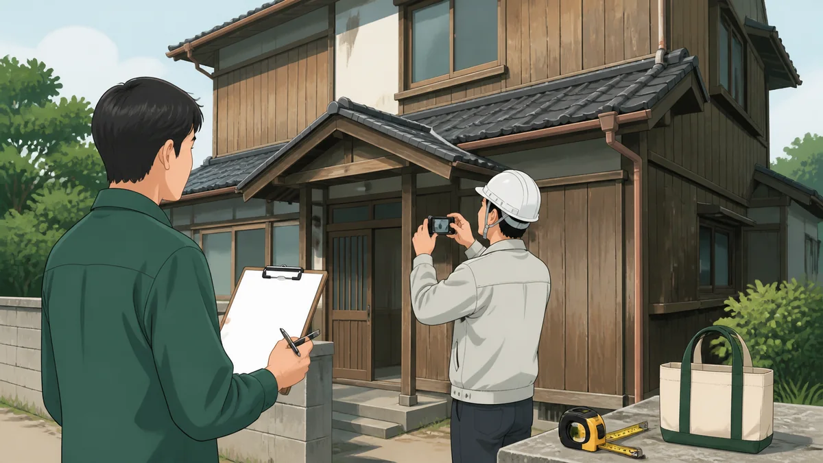 静岡市の木造空き家を所有者と専門家が耐震性と申請書類の観点から確認するイラスト